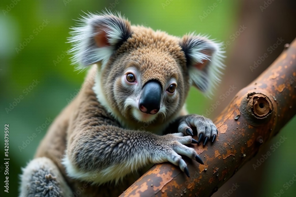 Fototapeta premium Furry koala resting on branch with a curious expression, Fluffy, Nature, Curious