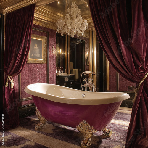 jewel-encrusted bathtub in an extravagant royal suite with velvet drapes.