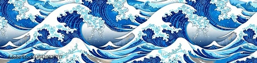 Japanese traditional great wave seamless pattern in blue and white, ocean, nature