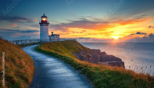 coastal pathway guiding the way to a magnificent lighthouse, bathed in the warm, golden light of a setting sun
