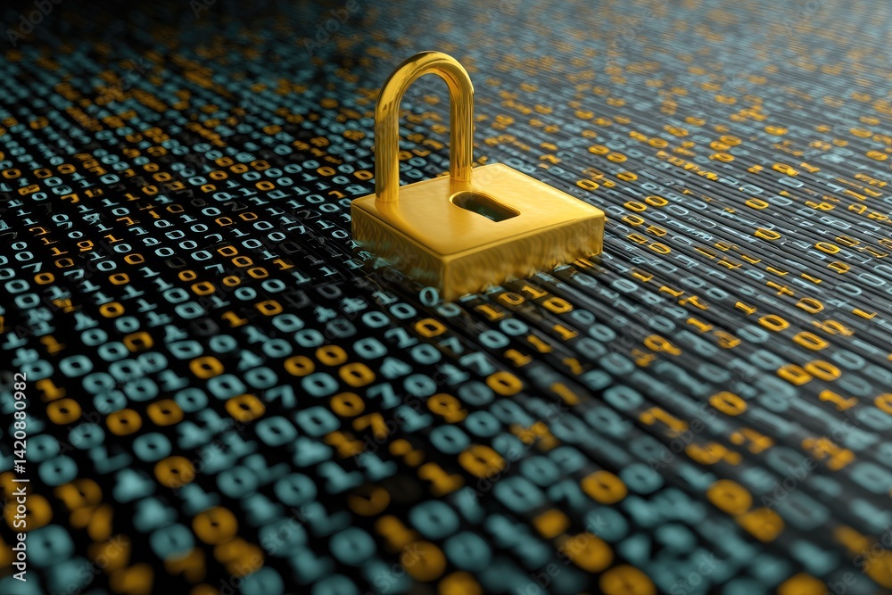Golden lock on binary code background