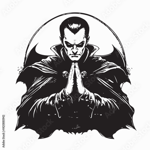 Repentant Vampire Dracula Kneeling in Prayer Seeking Forgiveness with Sincere Heart Vector Illustration