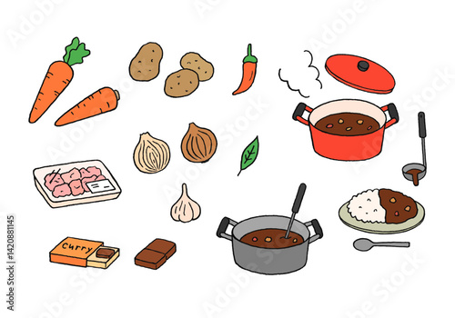 カレーライスとカレーの材料の手描きイラストセット