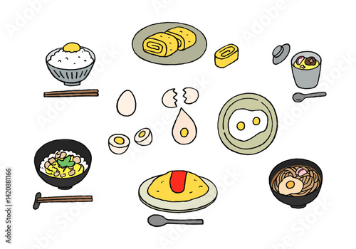 卵料理の手描きイラストセット