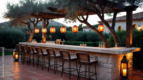 an outdoor bar area with a rustic and Mediterranean style. The layout features a long stone countertop with several high bar stools made of wicker and metal, arranged neatly along the bar.