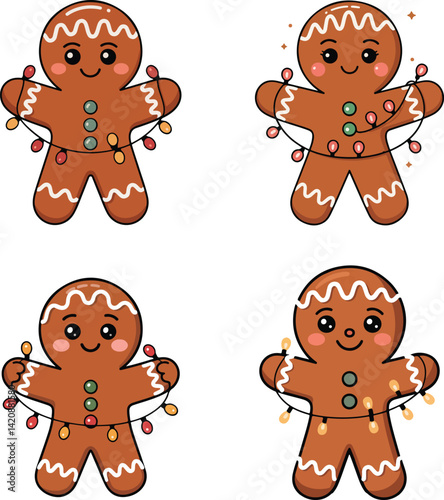 Cute Gingerbread Man Clipart with Christmas Lights – Holiday Cookie vector Illustration