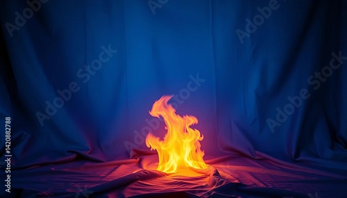 Moody blue muslin backdrop, glowing ember abstract center, grunge, copy space