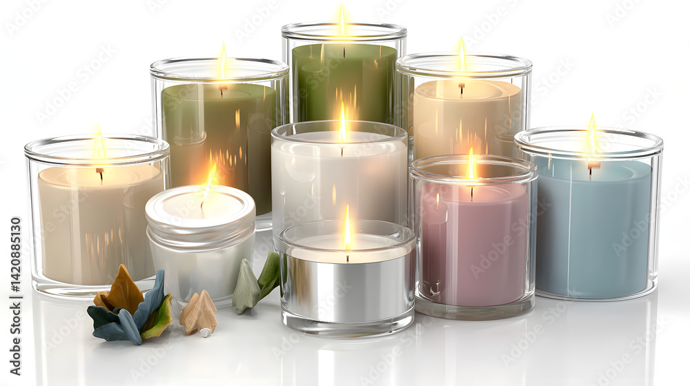 A row of candles in clear glass containers. Generated using AI.