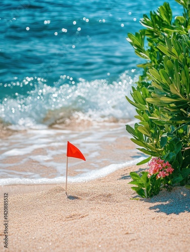 Small flag planted in sand at beach with gentle waves rolling in photo