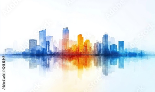 Vibrant cityscape reflected in calm water, showcasing diverse architectural styles