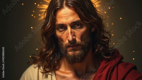 Portrait of Jesus Christ with Dramatic Lighting, Detailed Expression, and Heavenly Glow in Renaissance Oil Painting Style , Easter