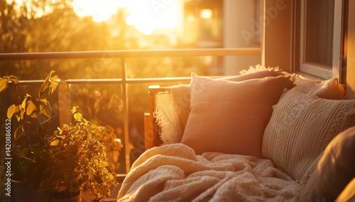 Golden hour balcony retreat.  Soft cushions and a cozy blanket bathed in warm sunlight.  Tranquil outdoor living space