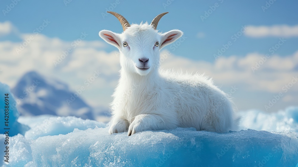 Fototapeta premium White goat kid on glacier, mountains background, wildlife photography, nature