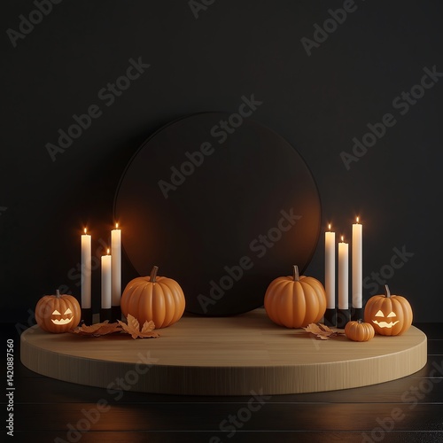Stylish Autumnal Product Presentation with a Black Stage, Pumpkins, and Illuminated Candles with Bare Branches Against a Dark Wall.