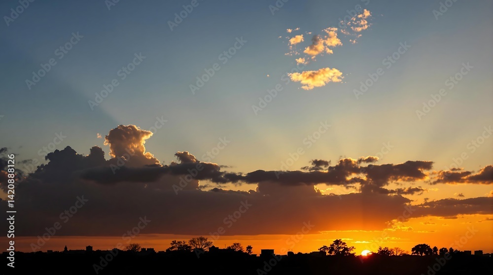 Obraz premium Golden Sunset With Silhouetted Clouds and Orange Sky Over Horizon