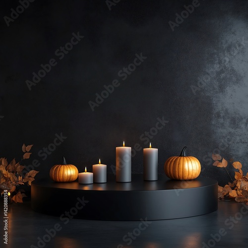 Sophisticated Halloween Scene Featuring a Black Cylindrical Stand, Small Pumpkins, and Glowing Candles with Decorative Branches.
