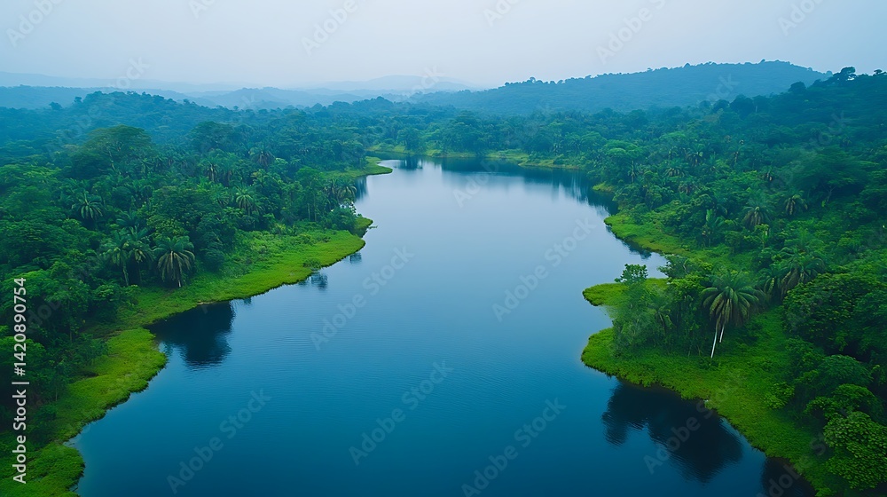 Naklejka premium Aerial View of Rainforest and Lake with Island, Aerial view of a lush green rainforest surrounding a tranquil blue lake
