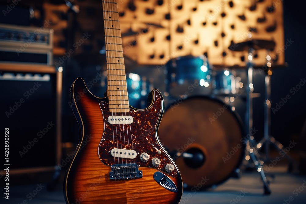 Naklejka premium Electric Guitar in Recording Studio with Drum Set