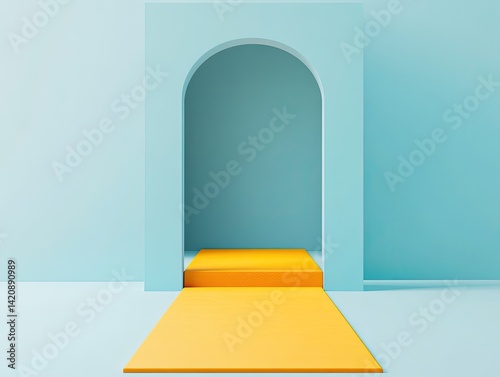 Pastel blue arched doorway with yellow platform and runner
