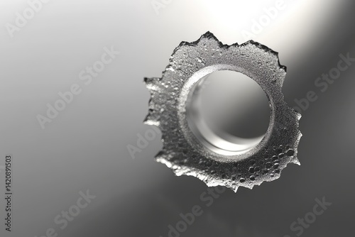 Close-up of a perfectly round bullet hole in metallic surface, showing irregular edges and texture