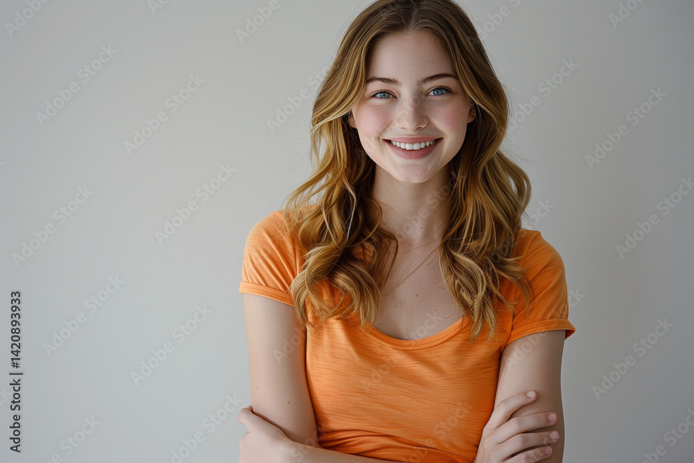 Obraz premium Smiling Caucasian Woman with Wavy Blonde Hair in Orange Shirt Crossed Arms