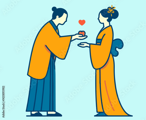 Chinese cartoon couple falling love