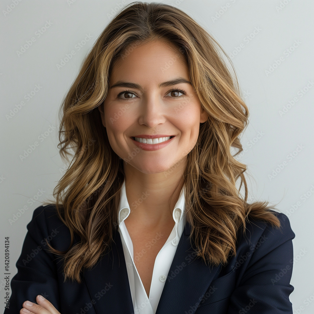 Smiling Hispanic Businesswoman in Navy Suit Posing with Arms Crossed on White Smiling Hispanic Businesswoman in Navy Suit Posing with Arms Crossed on White
