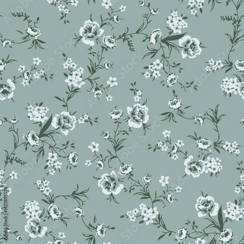 Seamless floral pattern, classic flower ornament, abstract ditsy print in vintage motif. Elegant botanical design of beautiful large wild flowers, leaves, small branches, herbs. Vector illustration.