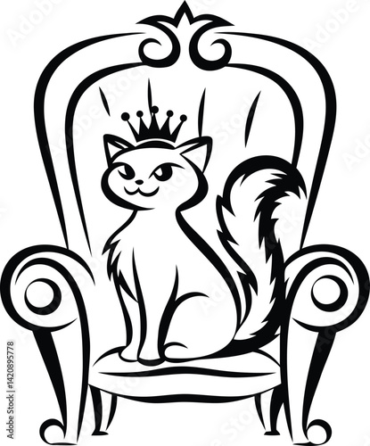 A cute cat sitting on a throne isolated creative vector art, cat sitting on a throne silhouette vector illustration, cat sitting on a throne line art vector icon design