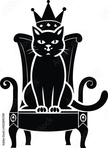 A cute cat sitting on a throne isolated creative vector art, cat sitting on a throne silhouette vector illustration, cat sitting on a throne line art vector icon design