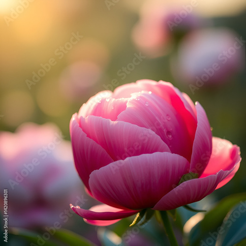 peony bloom unfurling with morning dew and soft bokeh glow