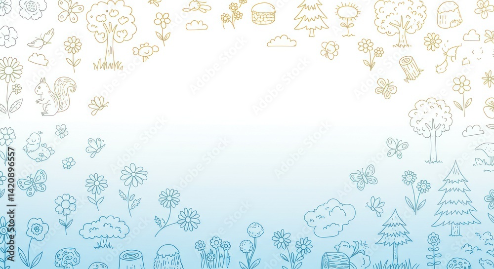Background with floral and nature themed doodle elements in blue and yellow tones. Background with floral and nature themed doodle elements in blue and yellow tones.