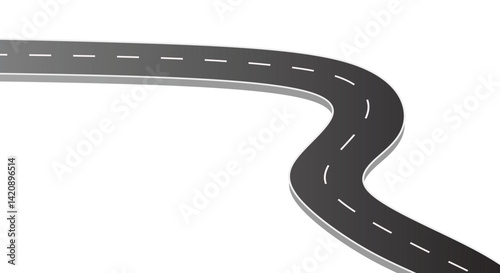 Winding road isolated on white background. Disappearing into the distance. The two-lane road with lane markings. Conceptual image. 3d rendering 