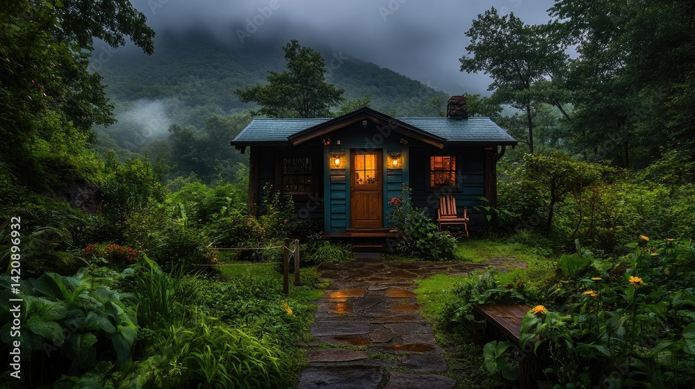 Cozy cabin nestled in a misty mountain landscape at twilight. Peaceful, rustic retreat Cozy cabin nestled in a misty mountain landscape at twilight. Peaceful, rustic retreat
