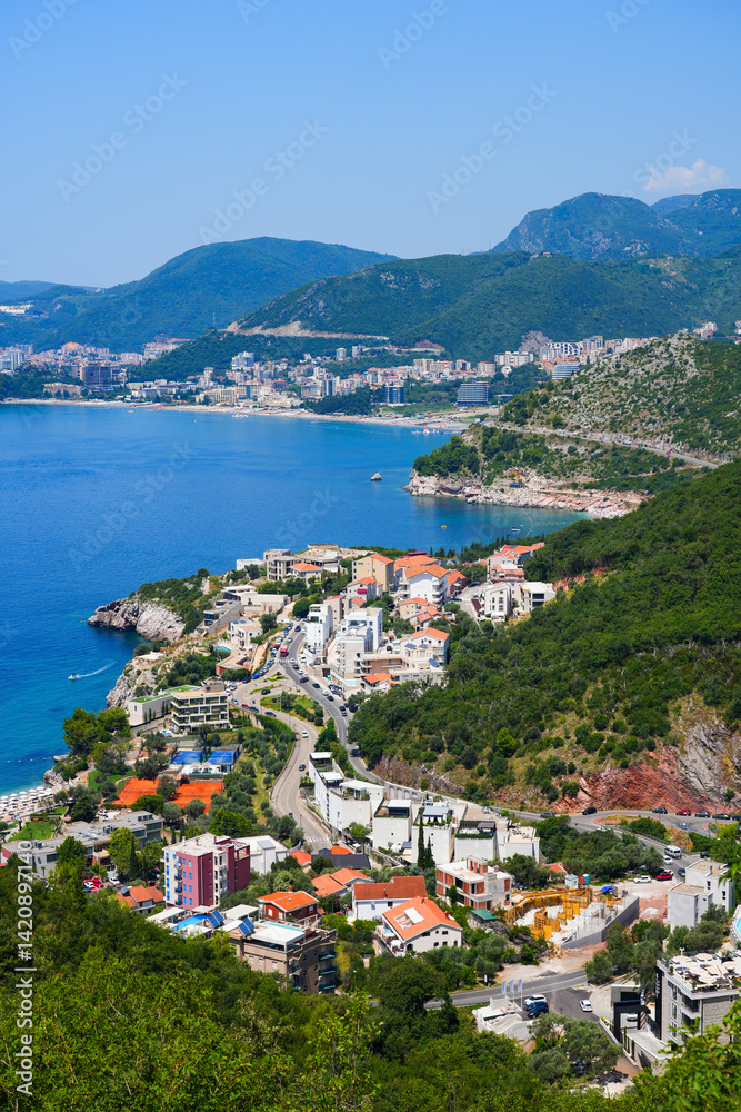 Aerial view of Pržno, a small village in the municipality of Budva on the coast of the Adriatic Sea in Montenegro