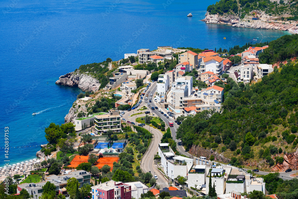 Aerial view of Pržno, a small village in the municipality of Budva on the coast of the Adriatic Sea in Montenegro