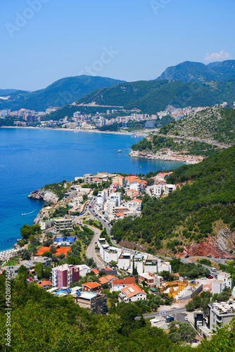 Obraz na płótnie Aerial view of Pržno, a small village in the municipality of Budva on the coast of the Adriatic Sea in Montenegro w salonie