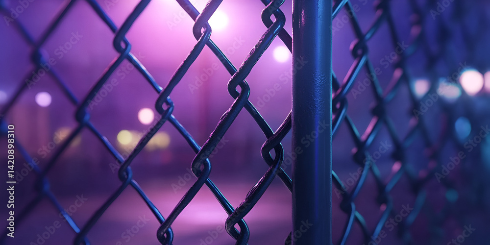 Fototapeta premium Chain-Link Fence with Neon Lights and Blurred Background