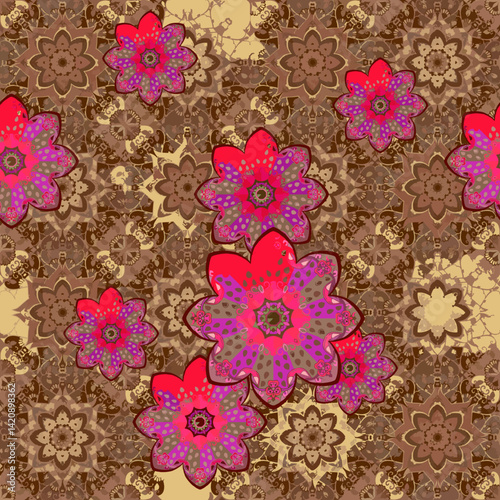 Beautiful multi-layered pattern with fuchsia mandalas on a complex crumbling ornamental background in beige and brown tones. Seamless print for fabric, carpet, shawl. Ethnic motifs.