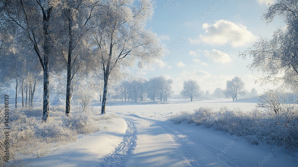 Fototapeta premium Beautiful winter landscape on a cold day. A trodden path leads across the snow-covered lawn to the high mountain peaks, with trees surrounded by snowdrifts.