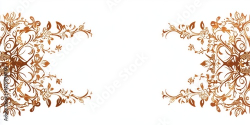 Ornate floral designs in copper and gold adorn white background
