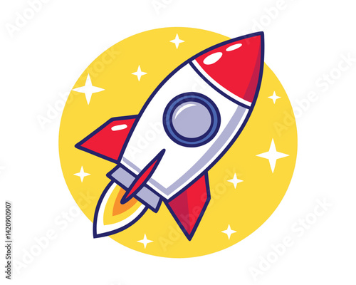Cartoon Rocket Ship Launching with Stars.