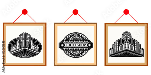 Art Deco coffee shop sign with gold and black geometric design