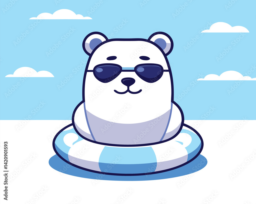 Fototapeta premium Cool Cartoon Polar Bear on Swim Ring.