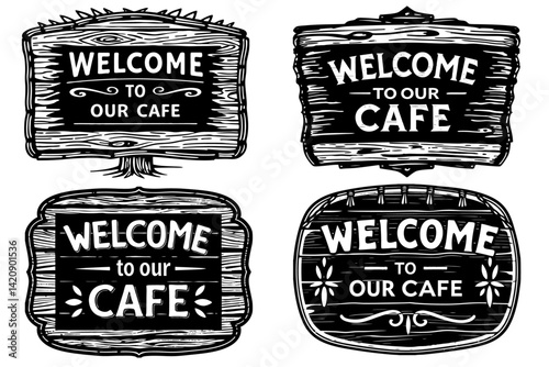 Hand-painted wooden sign saying 'Welcome to Our Café' with rustic charm