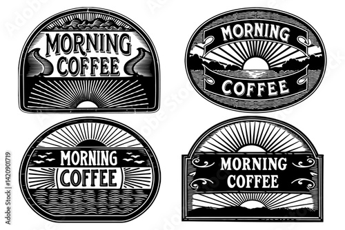 Old-fashioned morning coffee sign with sunrise motif and retro font