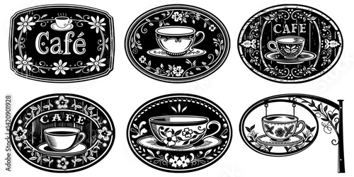 Shabby chic café sign with teacup illustration and floral borders