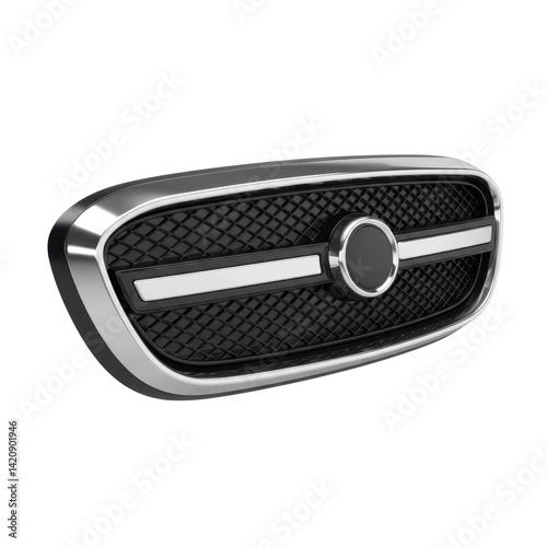 Sleek Chrome Automotive Grill Design Featuring Black Mesh and Standard Circular Center Emblem