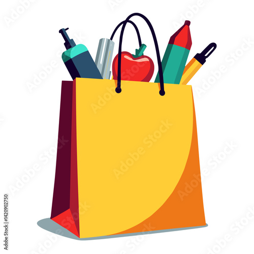 Colorful school supply shopping bag with supplies, excitement for learning