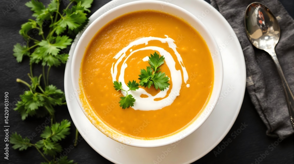 Creamy Pumpkin Soup Garnished with Parsley and Swirl of Cream Creamy Pumpkin Soup Garnished with Parsley and Swirl of Cream